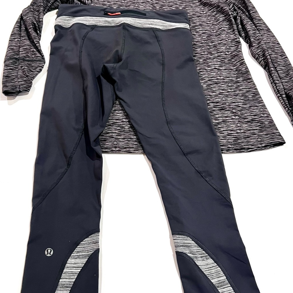 Lululemon Navy Gray Crop Running Leggings Reflective Trim Zip Pocket Size 6 - Picture 5 of 12